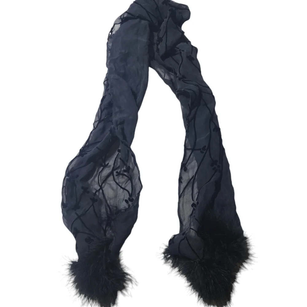 Black Sheer Floral Embossed Velvet Scarf with Faux Fur Ends
